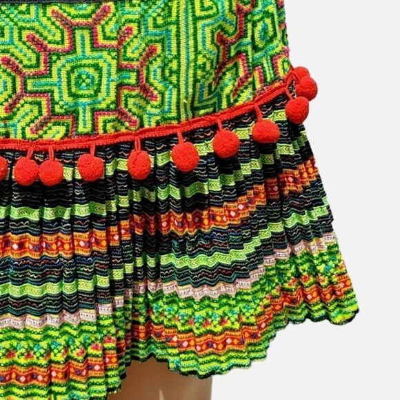 Vintage Short Pleated Skirt XS to S Hmong Ribbon Embroidery Pompoms - Picture 3 of 12